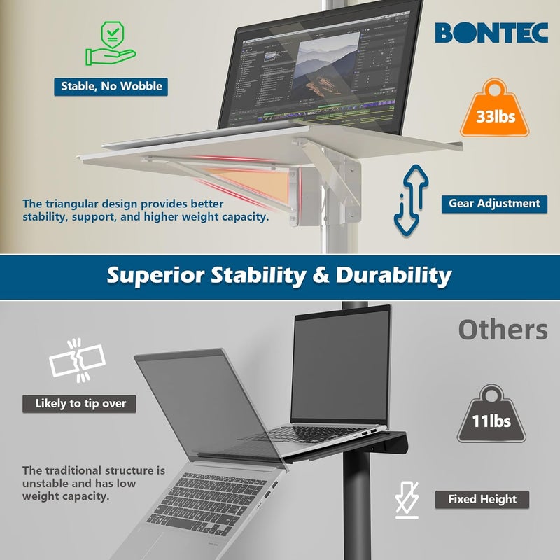 BONTEC Mobile TV Stand for 23-60 Inch TVs, Rolling TV Stand with Locking Wheels, Adjustable Height, Media Shelf, Max VESA 400x400mm, Holds Up to 88lbs - Image 3